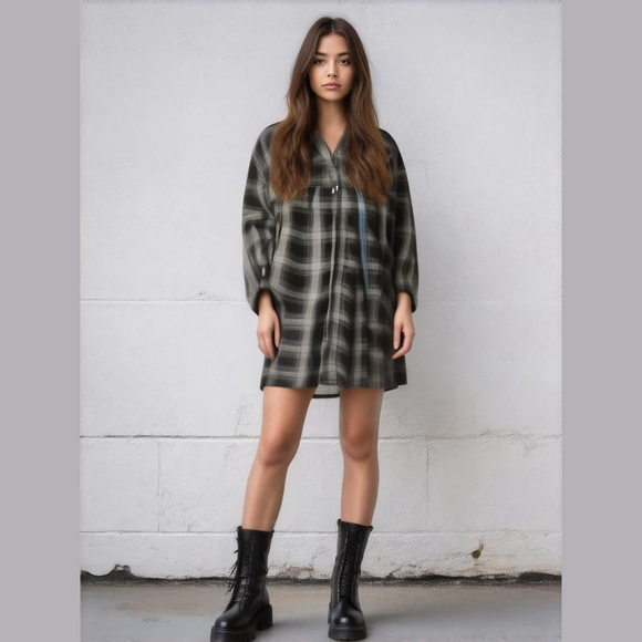 Knox Rose Dresses & Skirts - Knox Rose Womens Black Plaid Smocked Dress Size XS Long Sleeve Button Front